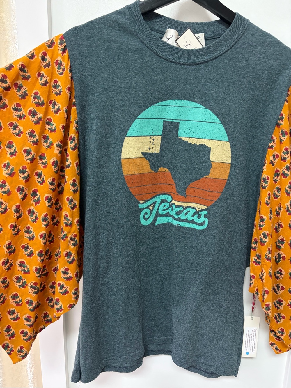 Texas Upcycled Graphic Tee with India Block Print Sleeves